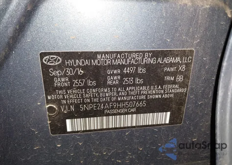 2017 Hyundai Sonata Se from USA, damaged, VIN 5NPE24AF9HH507665